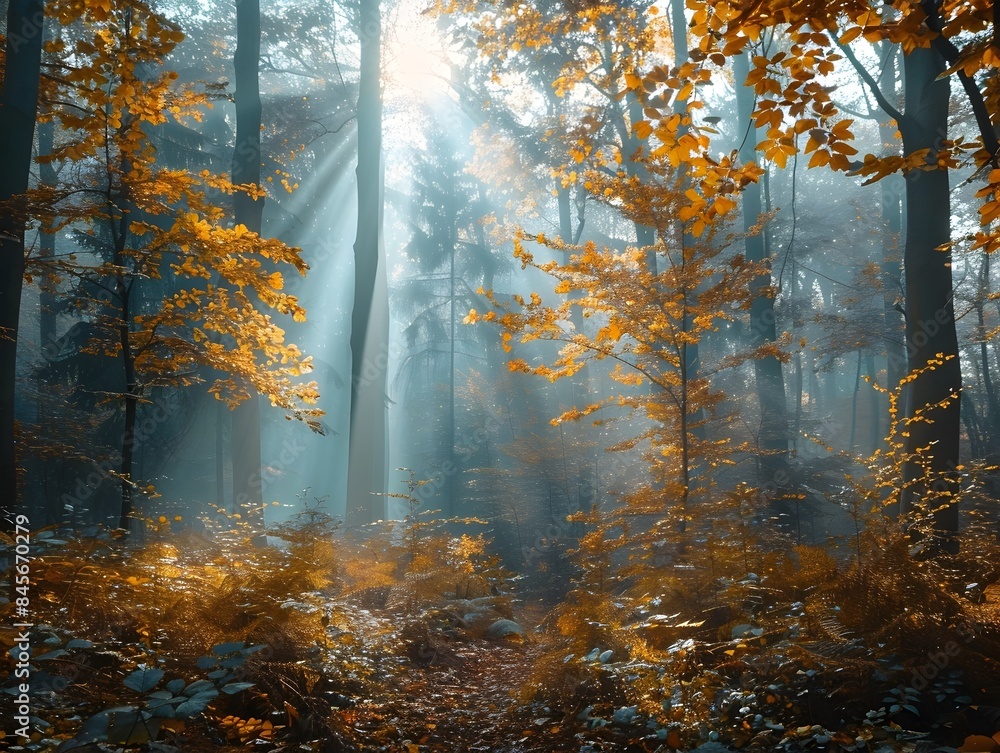 Obraz premium Misty Autumn Forest with Vibrant Fall Foliage and Sunlight Beams