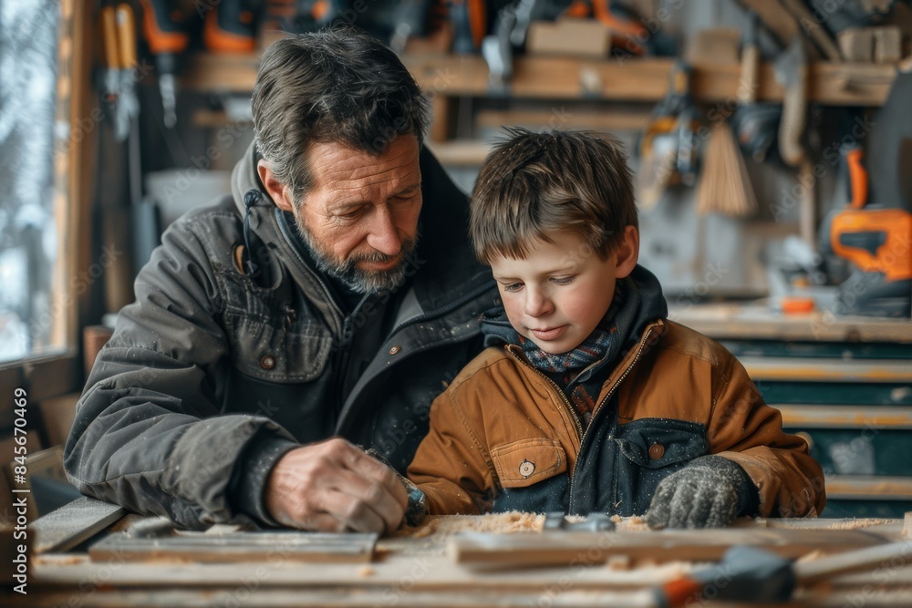 Elderly Man and Young Boy Working on Wood in Workshop Elderly Man and Young Boy Working on Wood in Workshop
