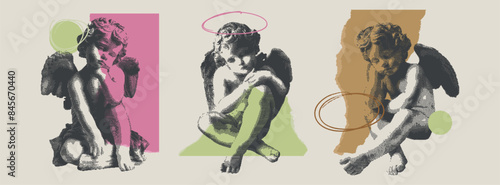 Rococo antique cupid statues set. Contemporary collage elements and pieces of paper with retro dot stipple effect. Vintage baroque aesthetic. Vector halftone illustration. 