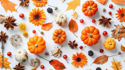 White surface with pumpkins and autumn leaves