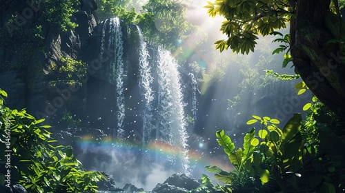 Large powerful waterfall is surrounded by lush green forests with soft sunlight