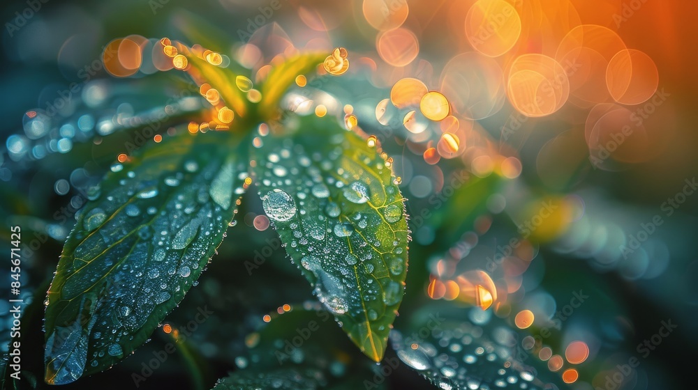 Dew-Covered Green Leaves Glowing In Morning Sunlight Dew-Covered Green Leaves Glowing In Morning Sunlight