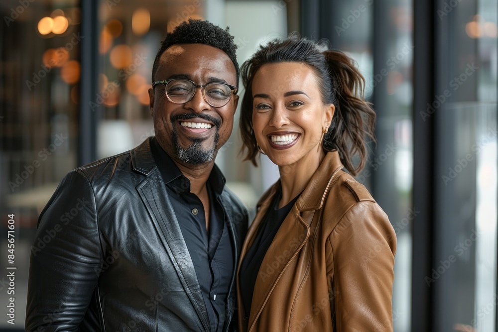 Portrait of a joyful multiethnic couple in their 30s sporting a stylish leather blazer isolated on sophisticated corporate office background Portrait of a joyful multiethnic couple in their 30s sporting a stylish leather blazer isolated on sophisticated corporate office background