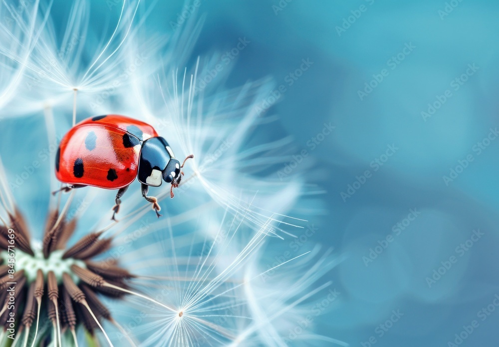 Fototapeta premium Ladybug and dandelion in the blue sky nature beauty and travel concept with small insect on flower