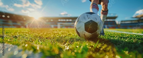 Soccer Player Kicking Ball During Golden Hour Match