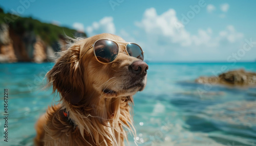 Dog in sunglasses chilling on sea, summer 