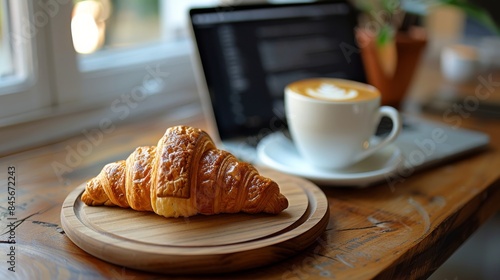 Freshly Baked Croissant on a Wooden Table With a Laptop and Coffee Cup