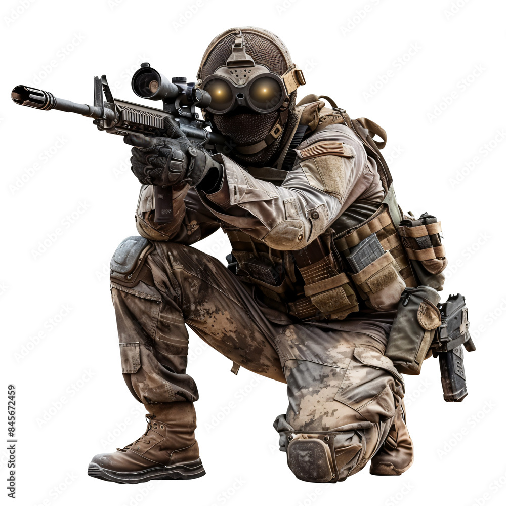 Soldier with night vision goggles die cut PNG style isolated on white and transparent background Soldier with night vision goggles die cut PNG style isolated on white and transparent background