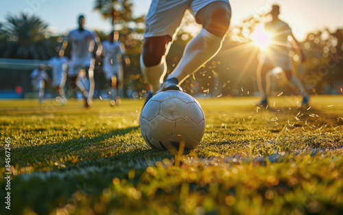 Soccer Player Kicking Ball During Golden Hour Match