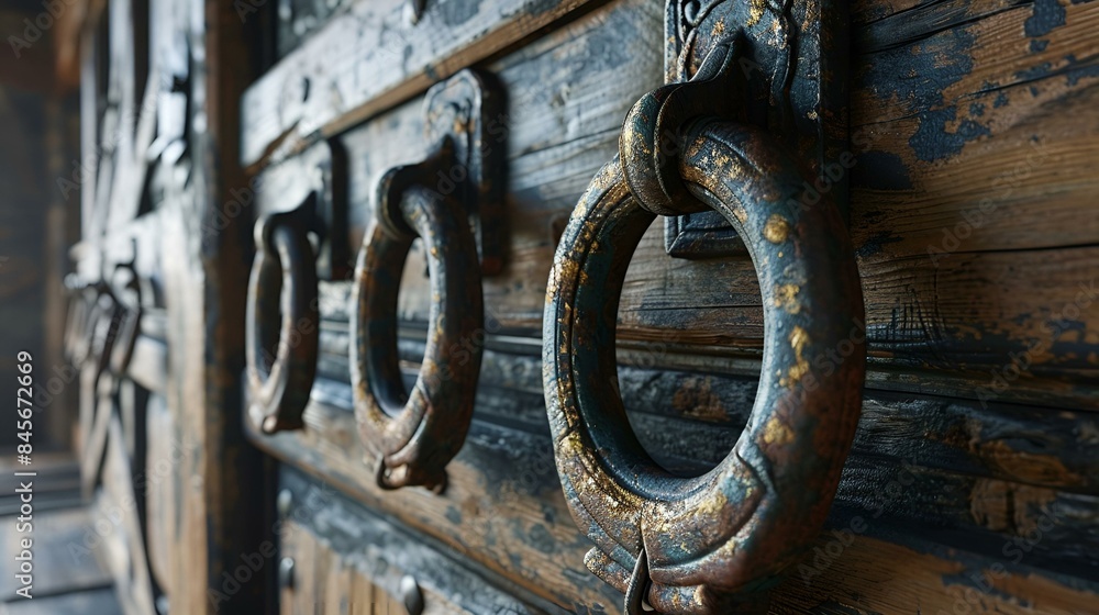 Weathered wooden door with rustic metal rings Weathered wooden door with rustic metal rings