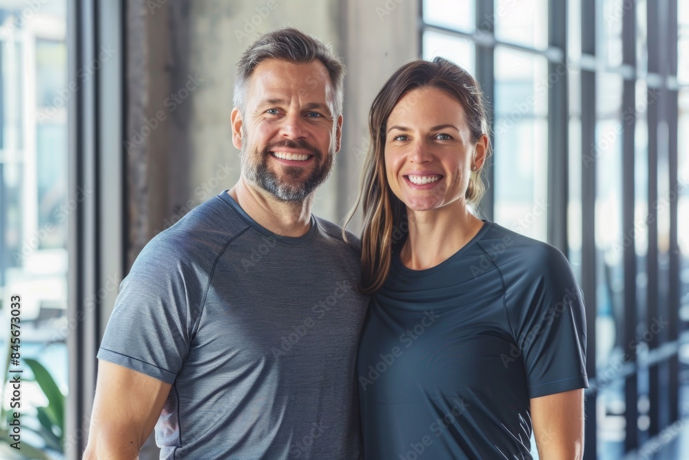 Fototapeta premium Portrait of a glad caucasian couple in their 30s wearing a moisture-wicking running shirt while standing against sophisticated corporate office background