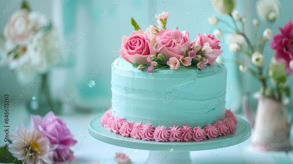 Blue Cake With Pink Frosting and Flowers. Blue Cake With Pink Frosting and Flowers.