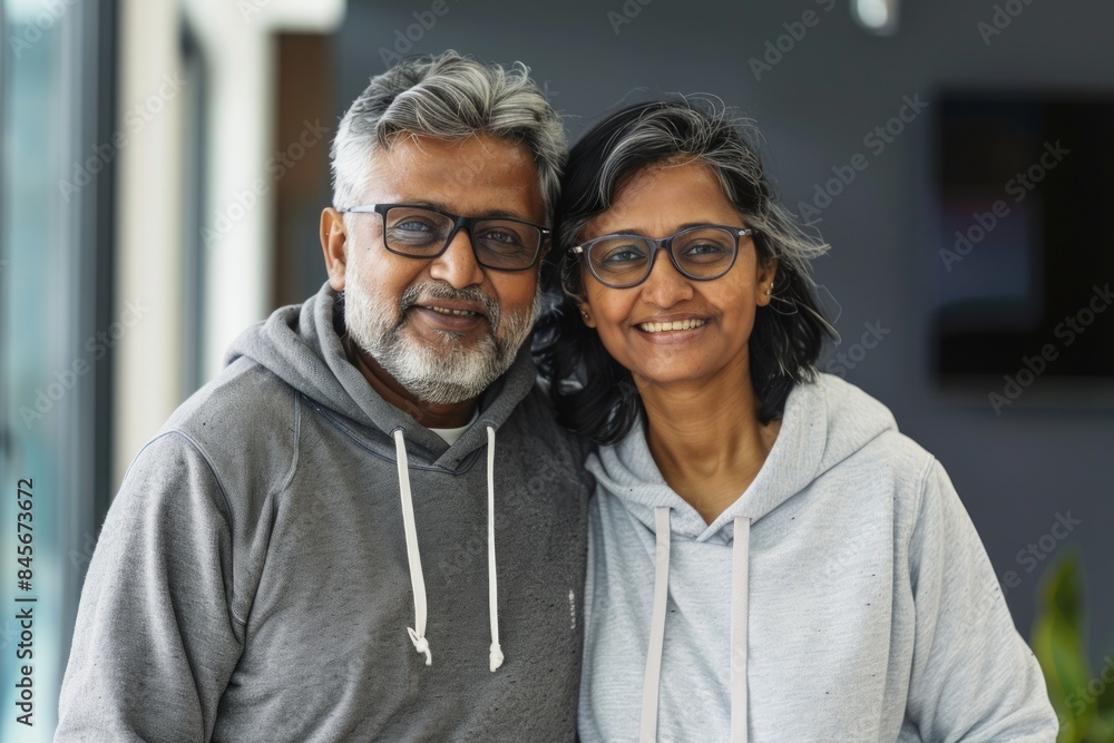 Portrait of a satisfied indian couple in their 50s sporting a comfortable hoodie isolated in sophisticated corporate office background Portrait of a satisfied indian couple in their 50s sporting a comfortable hoodie isolated in sophisticated corporate office background