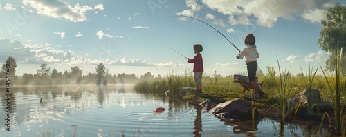 Family fishing at a lake for National Fishing Day, children reeling in their catches, peaceful waters, 4K hyperrealistic photo. photo