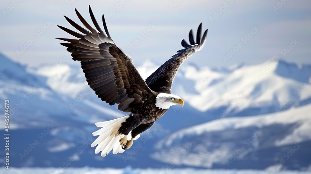 Fototapeta premium A bald eagle soaring in a blue sky