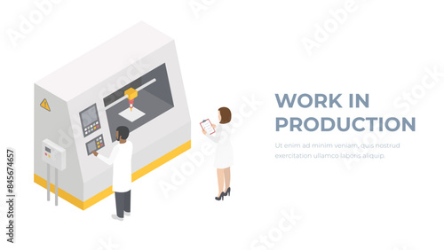 Isometrics factory specialist's place of work. Plant employee. Engineer in a manufacturing plant. Technologists behind the equipment. 