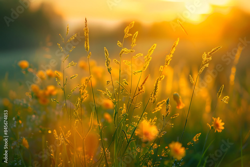Abstract Soft Focus Sunset Field Landscape of Yellow Flowers and Grass Meadow