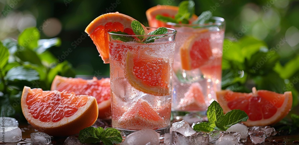 Refreshing Grapefruit and Mint Cocktail With Ice Cubes on Pink Surface Refreshing Grapefruit and Mint Cocktail With Ice Cubes on Pink Surface