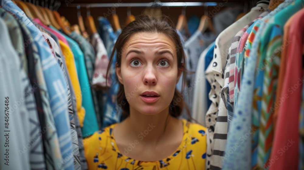 A woman stands in a closet, looking overwhelmed by the sheer number of clothes hanging on the rack. Her face shows a mixture of surprise and anxiety as she tries to make a decision. A woman stands in a closet, looking overwhelmed by the sheer number of clothes hanging on the rack. Her face shows a mixture of surprise and anxiety as she tries to make a decision.