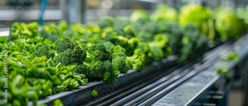 Fresh Broccoli Moving on Conveyor Belt in Factory Processing Line