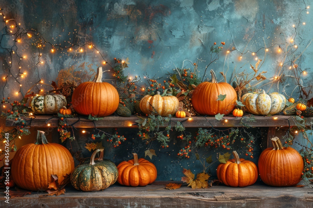 Autumnal Pumpkin Display on Rustic Wooden Shelf With String Lights Autumnal Pumpkin Display on Rustic Wooden Shelf With String Lights