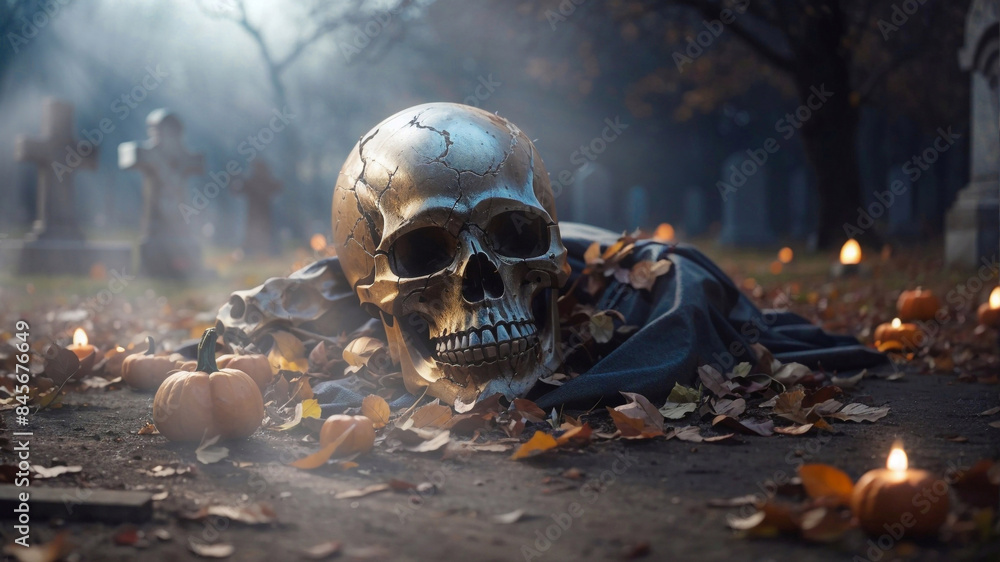 A skull in the night, illustration of a Halloween concept background of realistic horror house and creepy street with moonlight. Ai generate A skull in the night, illustration of a Halloween concept background of realistic horror house and creepy street with moonlight. Ai generate