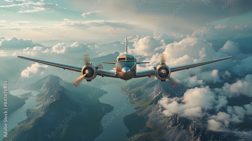 Fototapeta premium Vintage Passenger Plane Soaring Over Scenic Landscape in the Sky