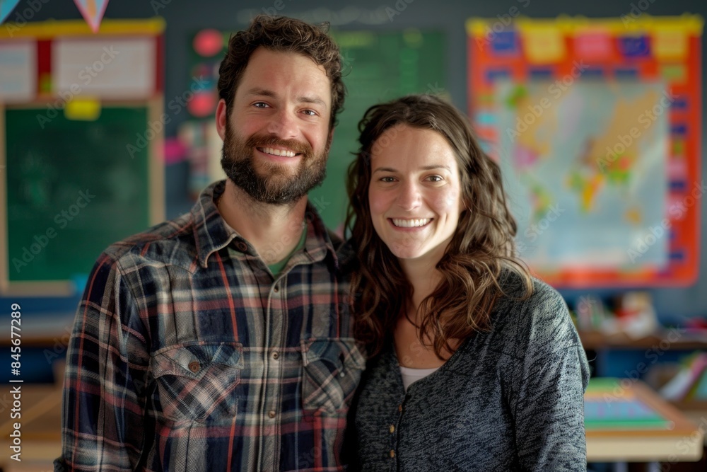 Portrait of a happy caucasian couple in their 30s dressed in a relaxed flannel shirt in lively classroom background Portrait of a happy caucasian couple in their 30s dressed in a relaxed flannel shirt in lively classroom background