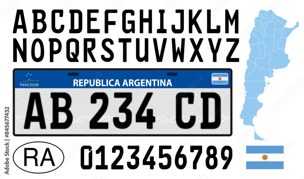 Argentina car license plate, letters, numbers and symbols, Mercosur style, vector illustration Argentina car license plate, letters, numbers and symbols, Mercosur style, vector illustration