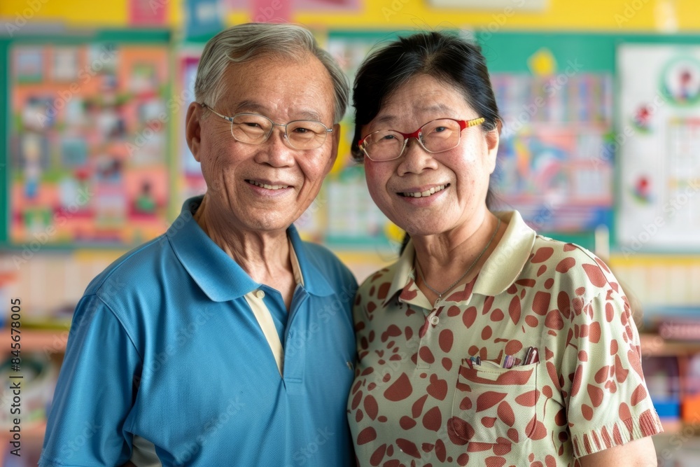 Portrait of a content asian couple in their 50s donning a classy polo shirt isolated on lively classroom background Portrait of a content asian couple in their 50s donning a classy polo shirt isolated on lively classroom background