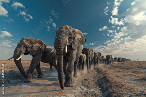 A herd of elephants walking across the desert © Kien