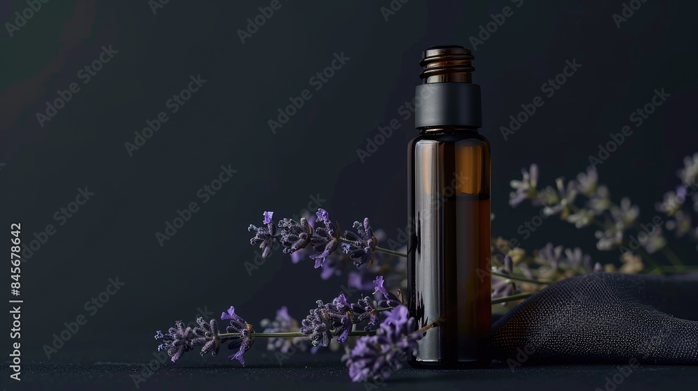 Amber bottle with roll on containing essential oil for natural lavender treatment against a glossy black backdrop Amber bottle with roll on containing essential oil for natural lavender treatment against a glossy black backdrop