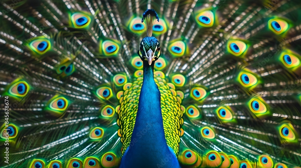 Obraz premium Regal Peacock Displaying Its Vibrant Feathered Fan in Natural Setting