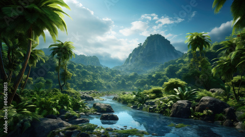 Tropical jungle with river and mountains under blue sky natural landscape background