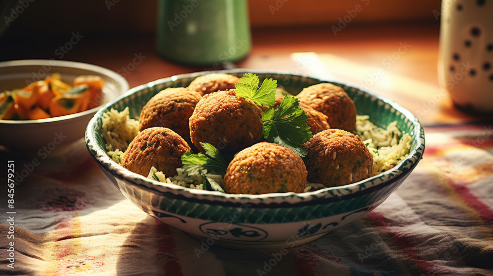 Falafel balls garnished with greens in bowl on cafe or kitchen table, food background Falafel balls garnished with greens in bowl on cafe or kitchen table, food background