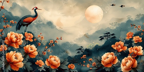 peony flower and hand drawn chinese cloud decorations in vintage style crane birds element with art abstract banner design photo