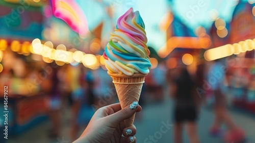 Hand holding a rainbow soft serve ice cream, bustling carnival scene with vibrant booths and attractions, cheerful and lively ambiance