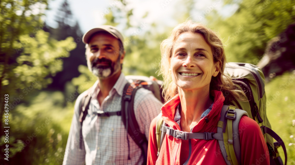 Middle aged couple walking on forest path with backpacks in summer Middle aged couple walking on forest path with backpacks in summer