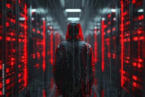 Man in hoodie in server room photo