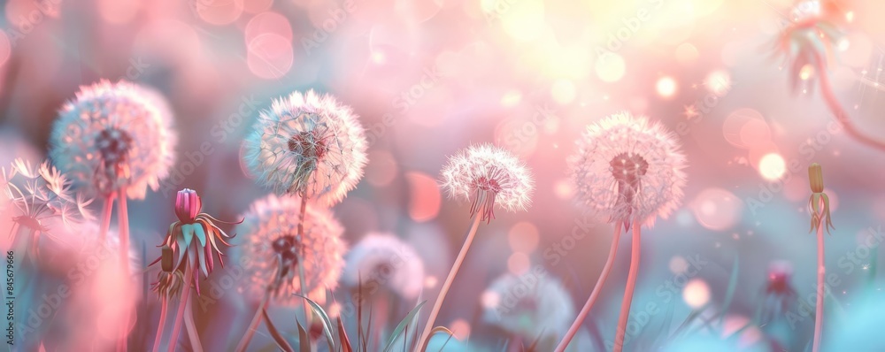 Field of dandelions in soft focus, pastel colors, dreamy bokeh background, ethereal, digital painting Field of dandelions in soft focus, pastel colors, dreamy bokeh background, ethereal, digital painting