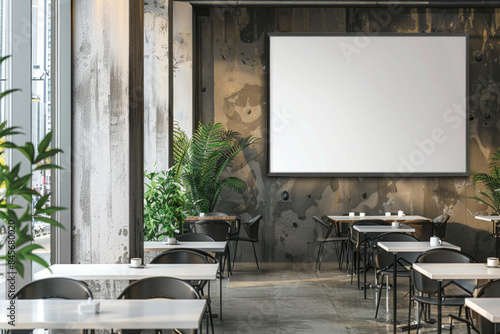 In a chic, modern cafe, a blank poster graces the wall, adding to the streamlined aesthetic and offering a canvas for creativity amidst the trendy, urban setting, mockup photo