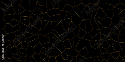 3D broken glass quartz Voronoi diagram vector background. Black color Broken Stained-Glass Background with golden lines. Papercut geometric mosaic tiles pattern background. Seamless vintage vector bg.