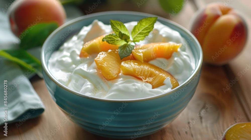Blue bowl containing peach yogurt Blue bowl containing peach yogurt