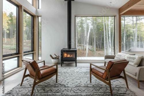 Modern Scandinavian Living Room with Fireplace and Forest View