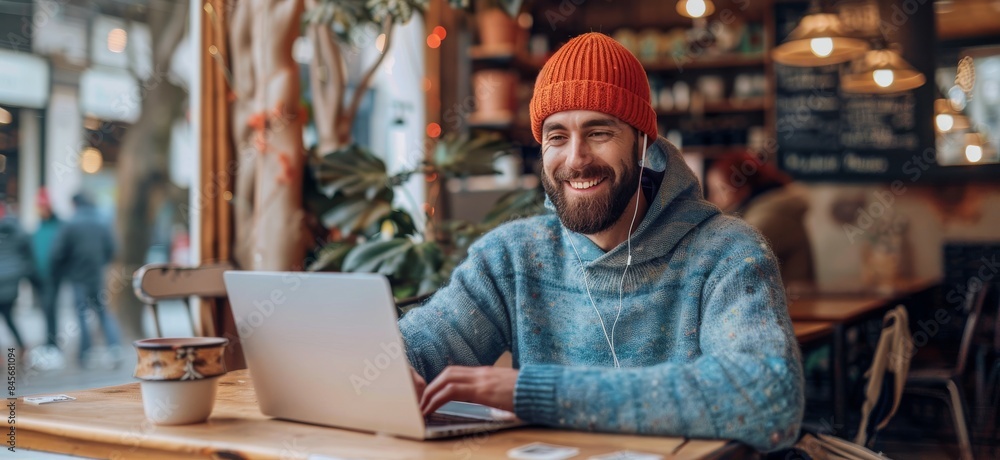 Smiling Man Using Laptop at Outdoor Cafe With Orange Beanie Smiling Man Using Laptop at Outdoor Cafe With Orange Beanie