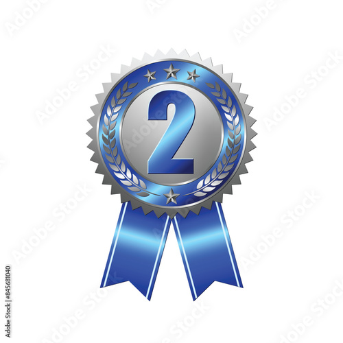 Second prize silver medal on isolated white background. Award badge with blue ribbon. Champion symbol of victory in competitive games. Vector illustration.