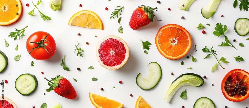 Fresh fruits and vegetables scattered on a white surface Fresh fruits and vegetables scattered on a white surface
