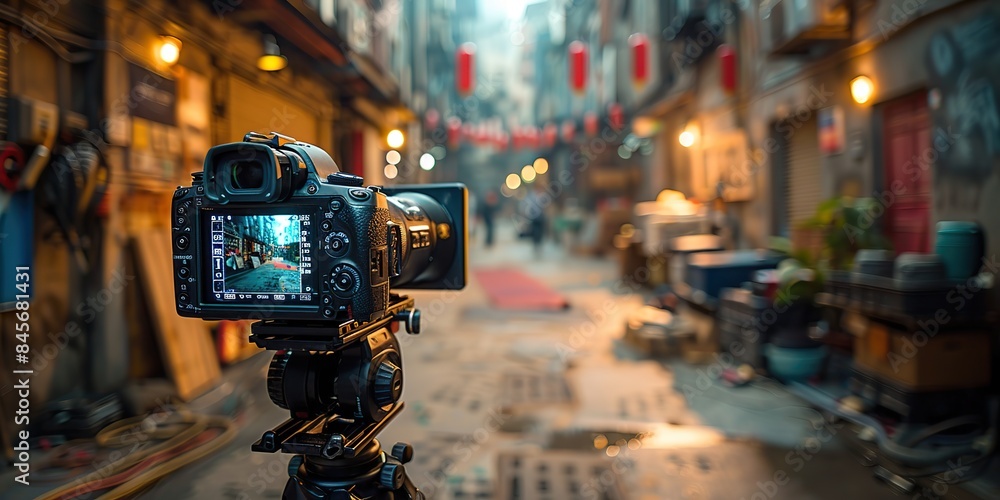 a digital video camera viewfinder focused on a digital screen to represent camera equipment and media concepts on set a digital video camera viewfinder focused on a digital screen to represent camera equipment and media concepts on set