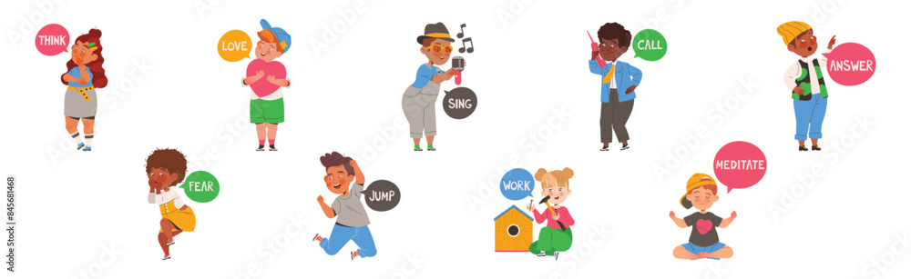 Obraz premium Little Boy and Girl Learning English Word Vector Illustration Set