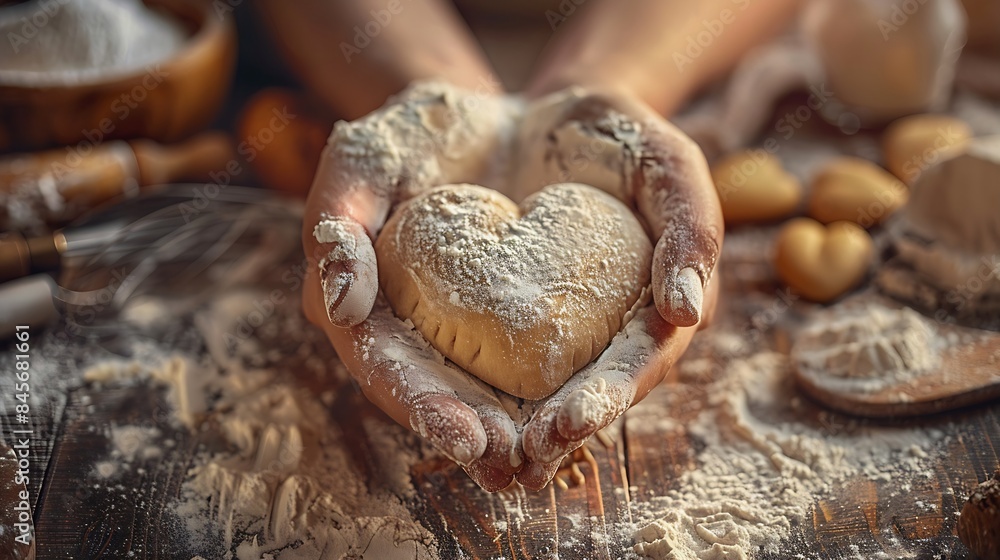Hands holding heart-shaped dough in cozy baking scene with ingredients Hands holding heart-shaped dough in cozy baking scene with ingredients